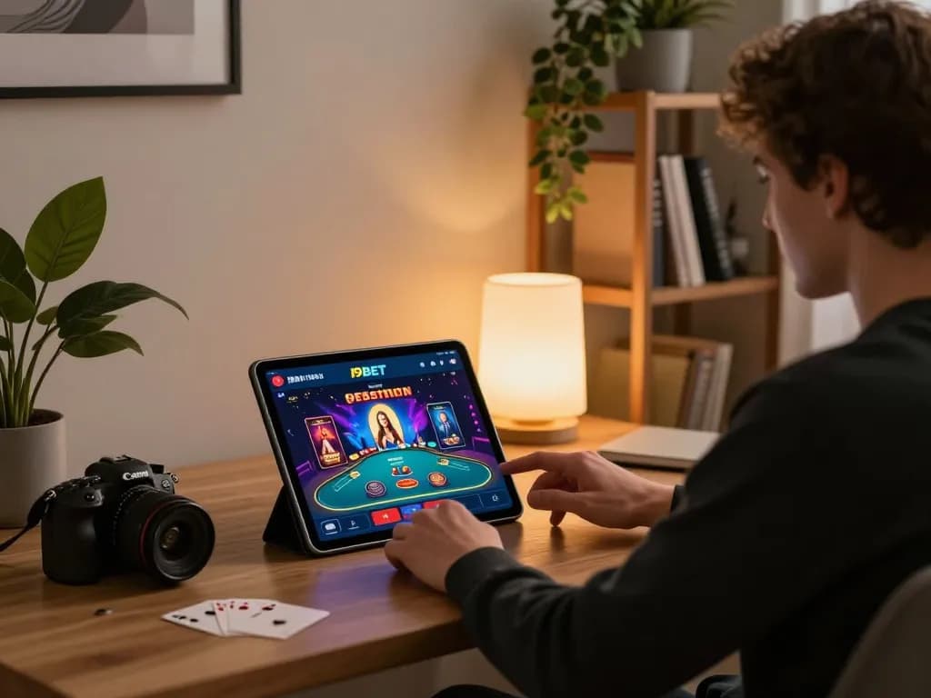I9BET online gaming scene showing player engaged with tablet and poker game interface.