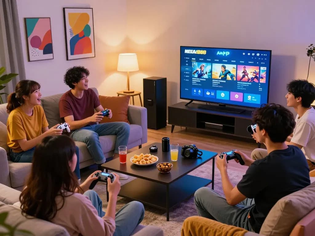 Friends enjoying the mega888 apk gaming experience in a cozy living room.