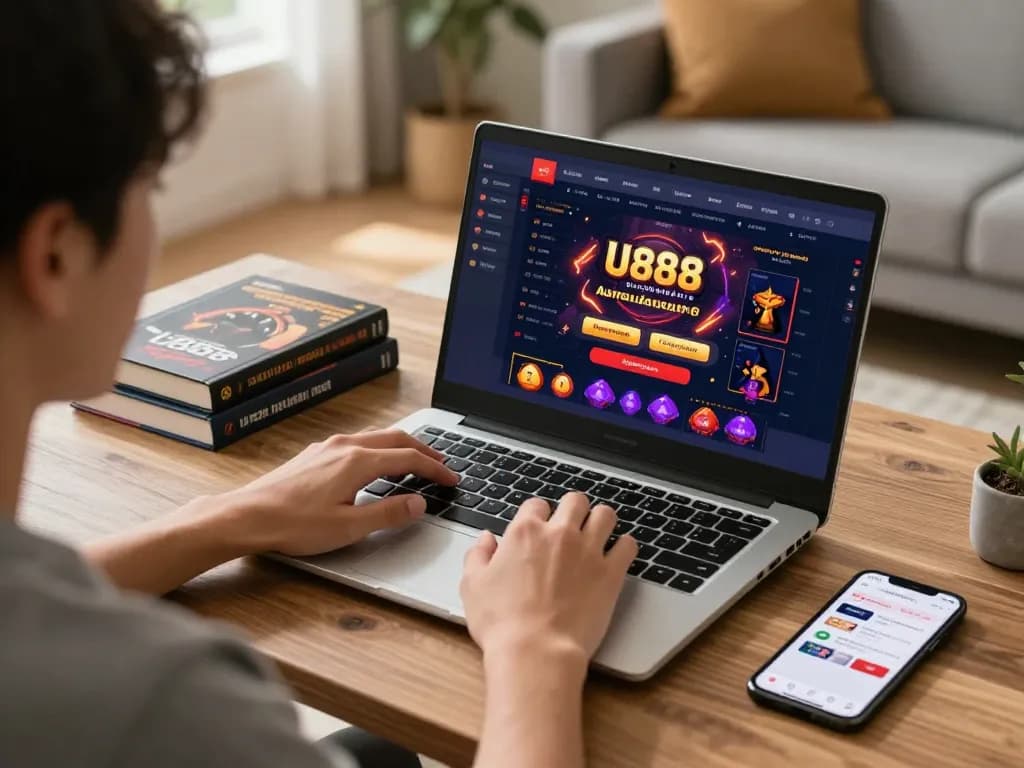 Engaging U888 online casino gaming setup with strategic books and apps, highlighting responsible gambling.