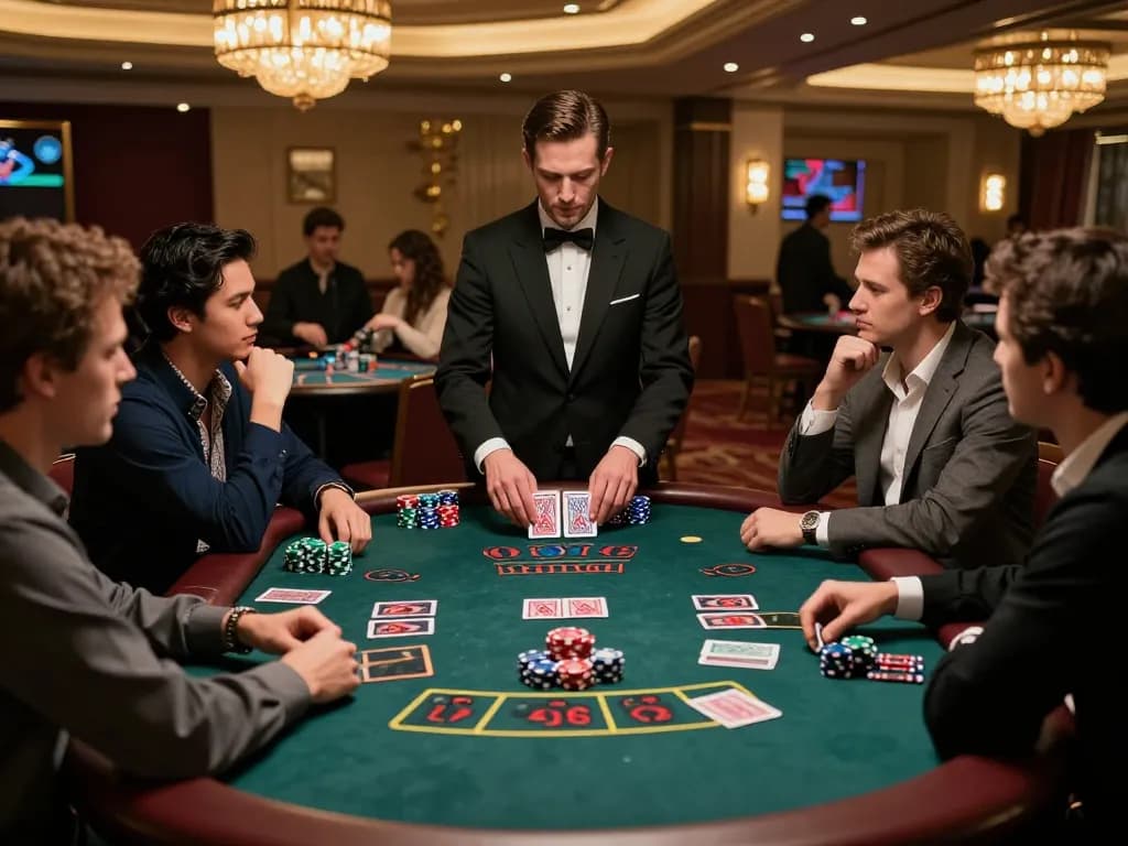 Players engaging in intense blackjack gameplay at Vin88 casino table, showcasing strategic betting.