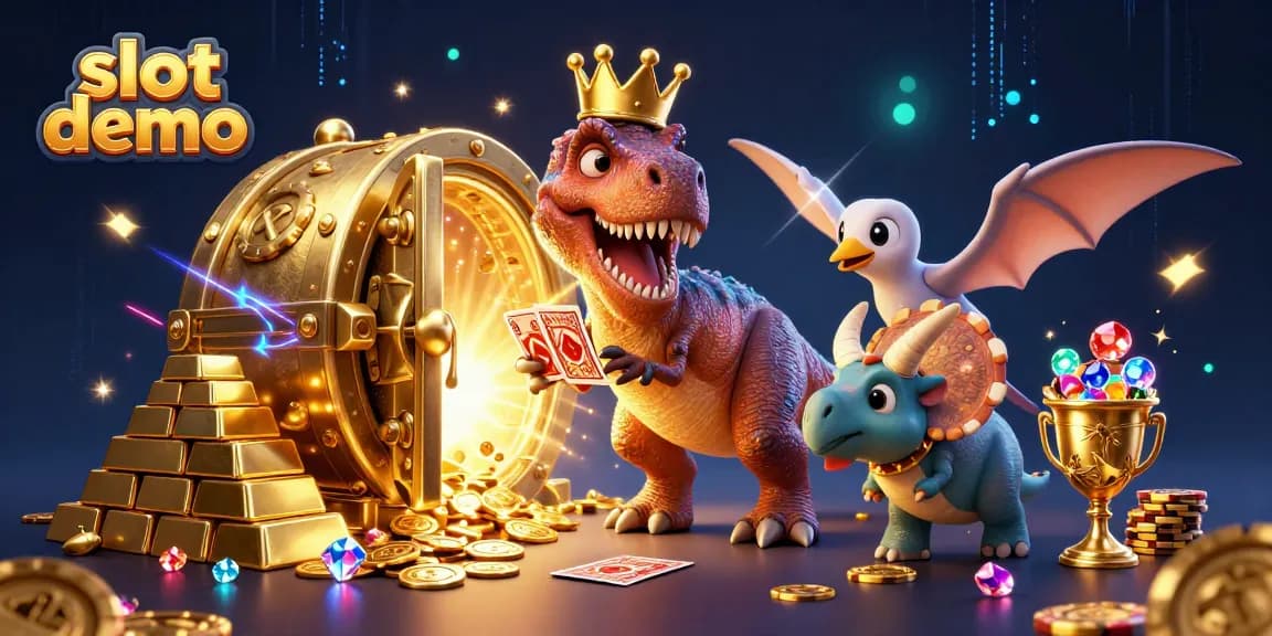slot demo dengan karakter dinosaurus bermain slot di latar belakang mewah penuh harta karun
