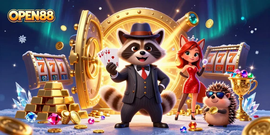 Engage in thrilling gameplay with OPEN88 as raccoon, fox, and hedgehog celebrate at a vibrant casino.