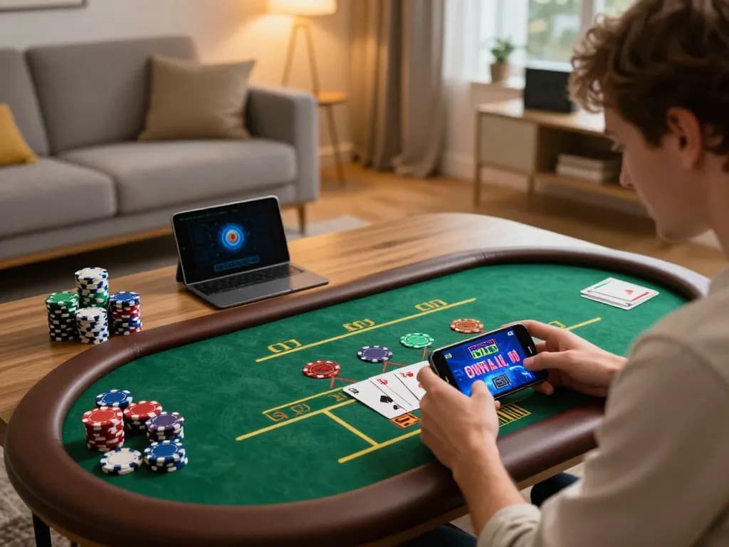 A person playing live dealer games on a smartphone for ta88, demonstrating a strategic gaming moment at home.