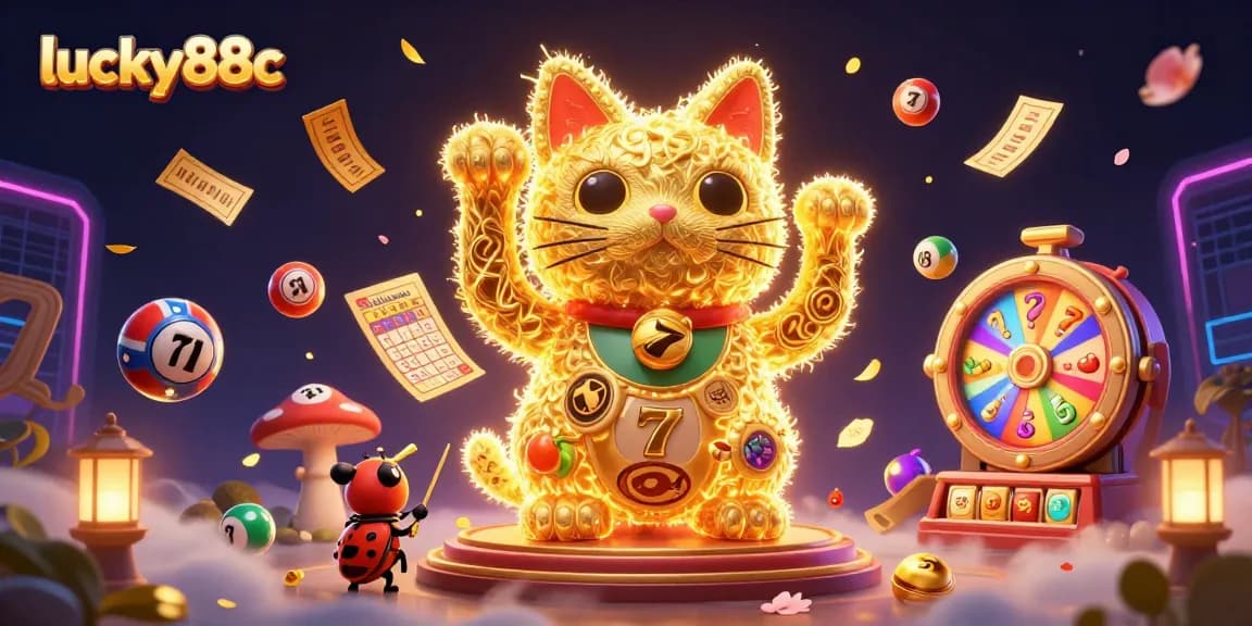 Win with lucky88c as dynamic golden fireflies and a giant lucky cat illuminate the casino world.