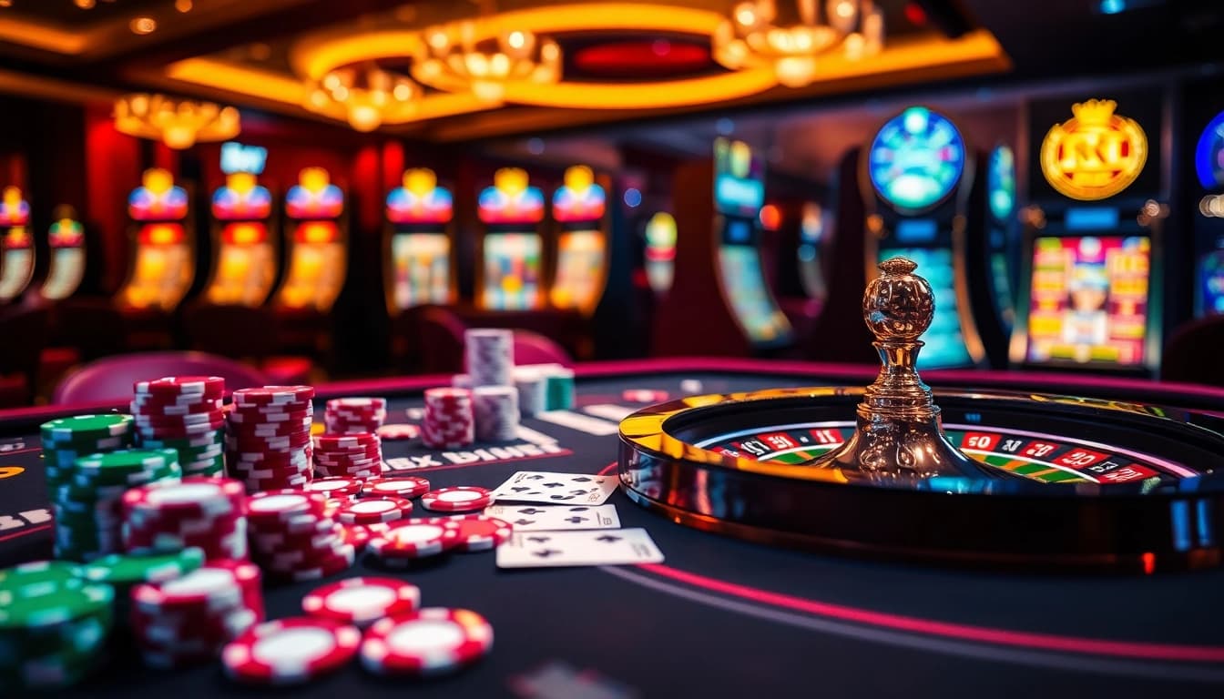 High-stakes casino action at BDTK66 with poker chips, cards, and a roulette wheel