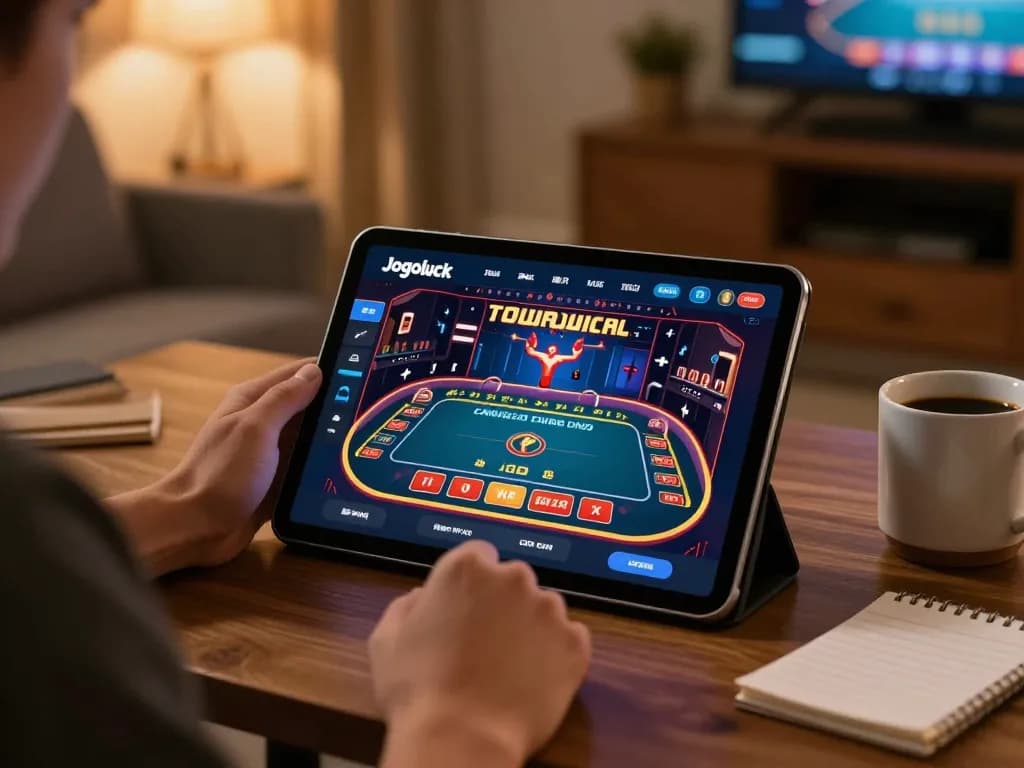 Engaged player using the Jogoluck app for online gaming, showing live dealer interface in a cozy home setting.