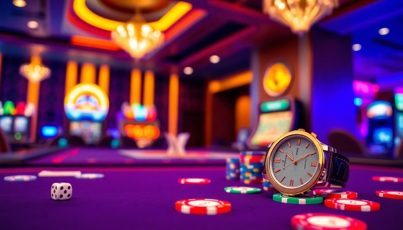 SBOBET menghadirkan suasana kasino yang bersemangat dengan meja permainan dan chip warna-warni.