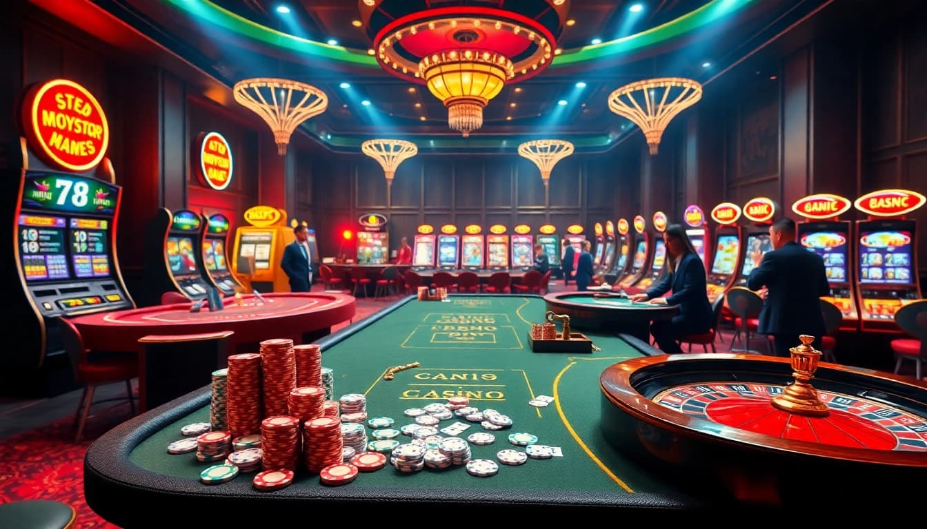 Gamblers enjoying a thrilling MM88 casino experience with poker chips and roulette wheels.