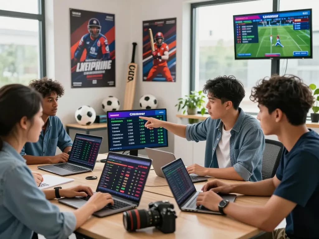 Engaged individuals collaborating on crickex affiliate strategies in a bright sports-themed workspace.