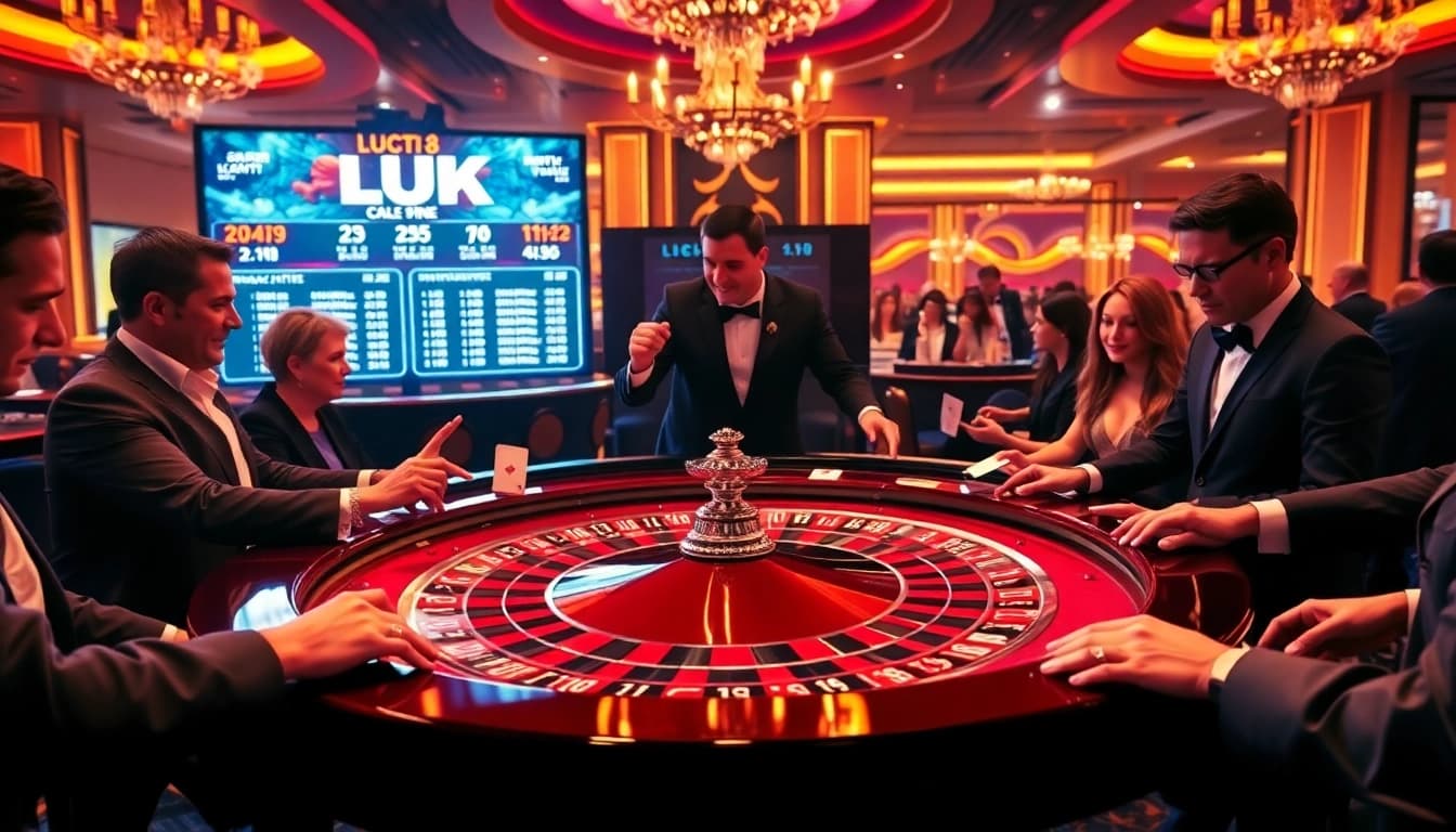 LUCK8 casino scene featuring roulette table with excited players and vibrant betting visuals.
