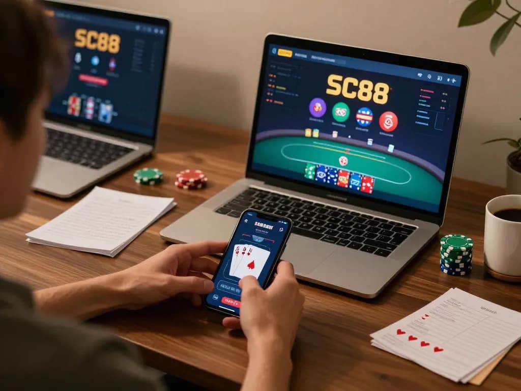Engaging online poker gameplay with SC88 app on display, showcasing strategic betting and cozy home atmosphere.