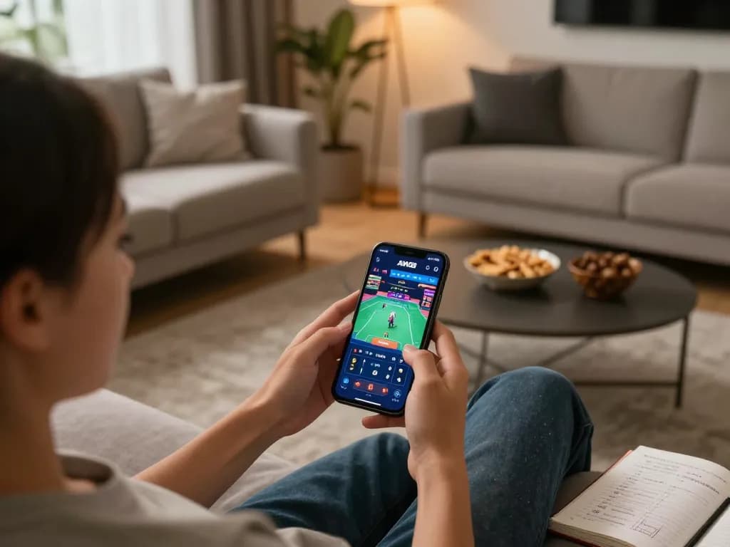 A person playing AW8 on a smartphone, engaging with live dealer games in a cozy home setting