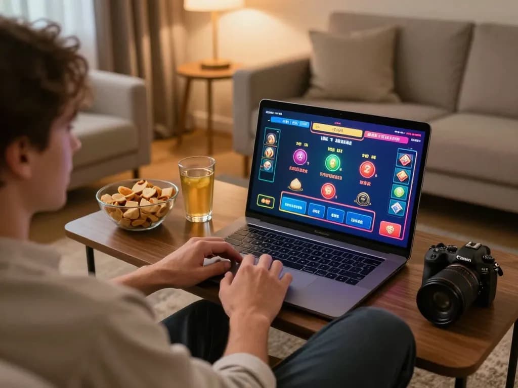 Player enjoying online casino games on sin88 platform in a cozy home setting with laptop and snacks