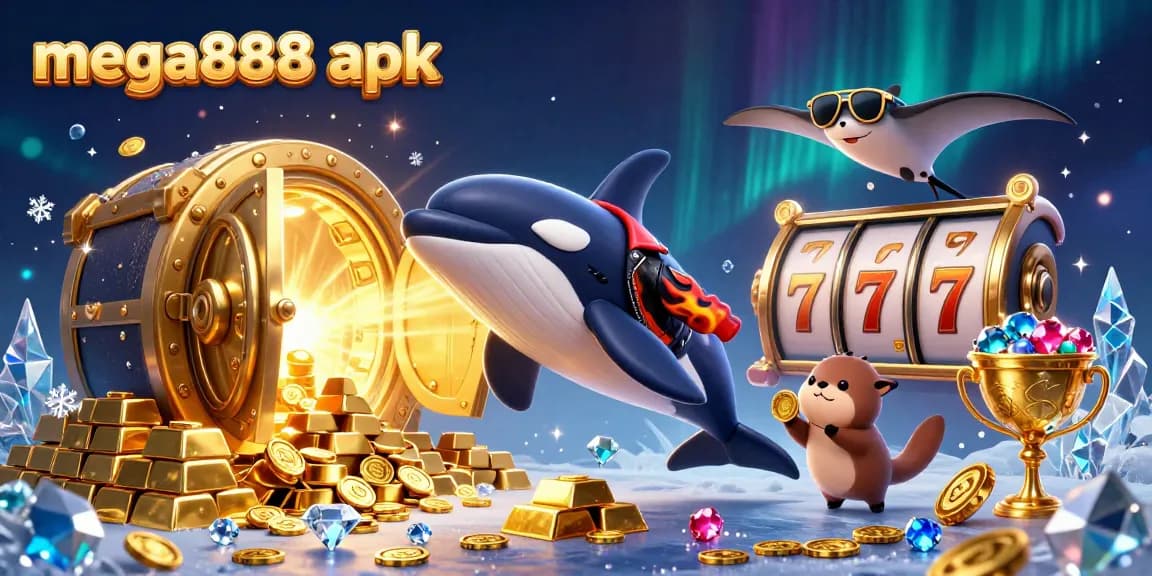 Experience the thrill of the mega888 apk with interactive casino elements amidst vibrant characters and treasure.