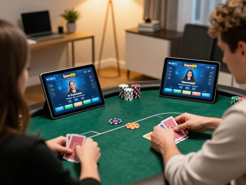 Players enjoying bem88 poker on tablets, highlighting strategic gameplay in a modern home setting.