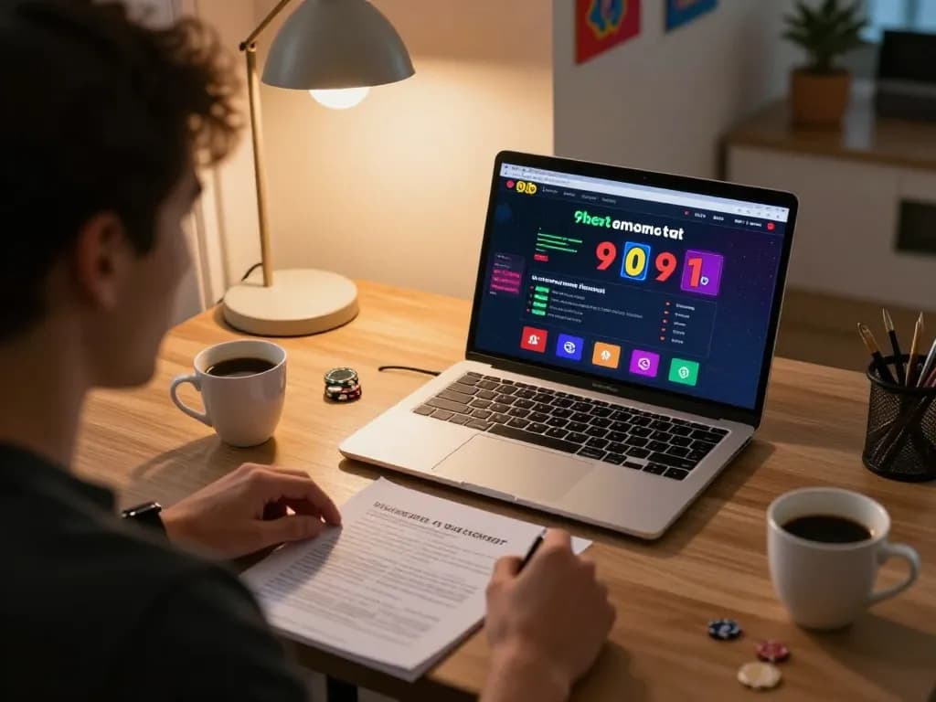 Player navigating 9bet online casino interface on laptop, showcasing strategic gaming atmosphere.