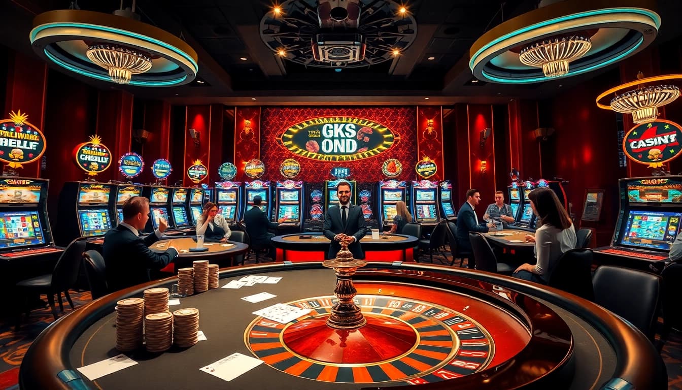 High-stakes gaming at GK88 com showcasing luxury tables and slot machines filled with excitement.