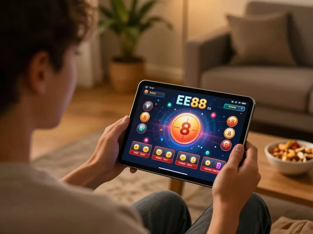 Player enjoying a thrilling gaming session on the EE88 casino app while relaxing at home.