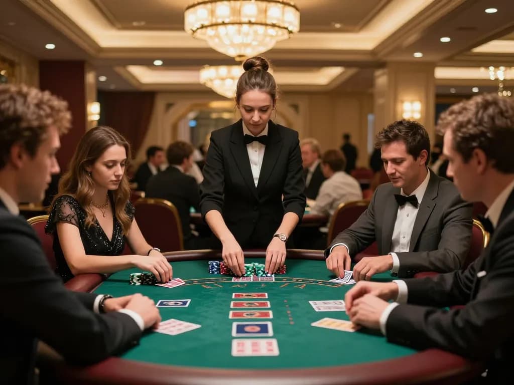 mpoid blackjack table action with players making strategic decisions in a luxurious casino atmosphere