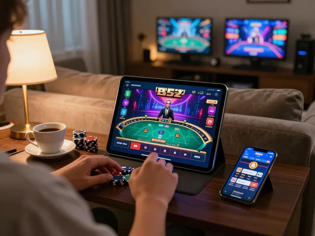 B52 gaming app on tablet showcases live dealer action in a cozy home setting