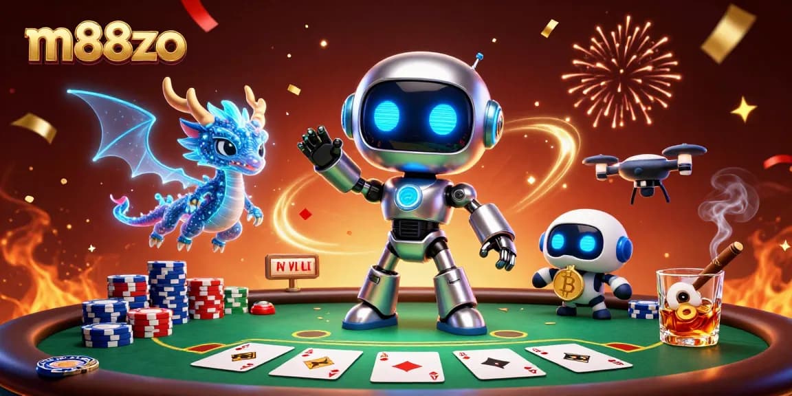 Experience thrilling gaming action at m88zo with a vibrant casino scene featuring poker and neon characters.
