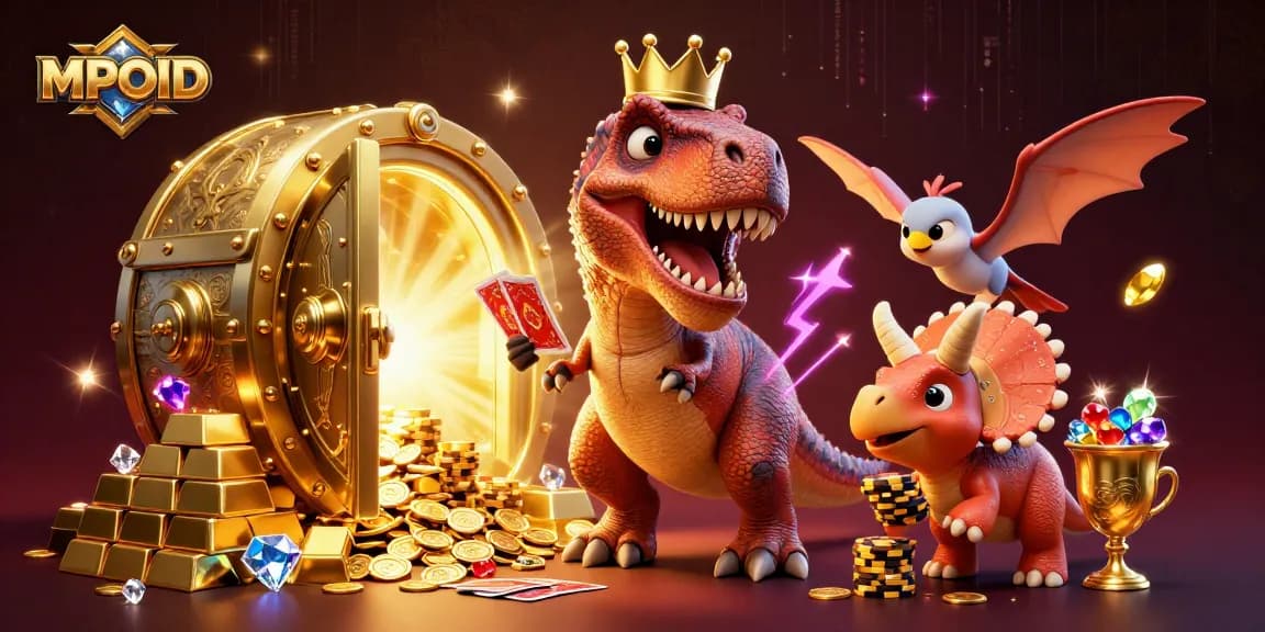 MPOID brings excitement with a friendly T-Rex in a golden crown shuffling cards in a vibrant casino scene.