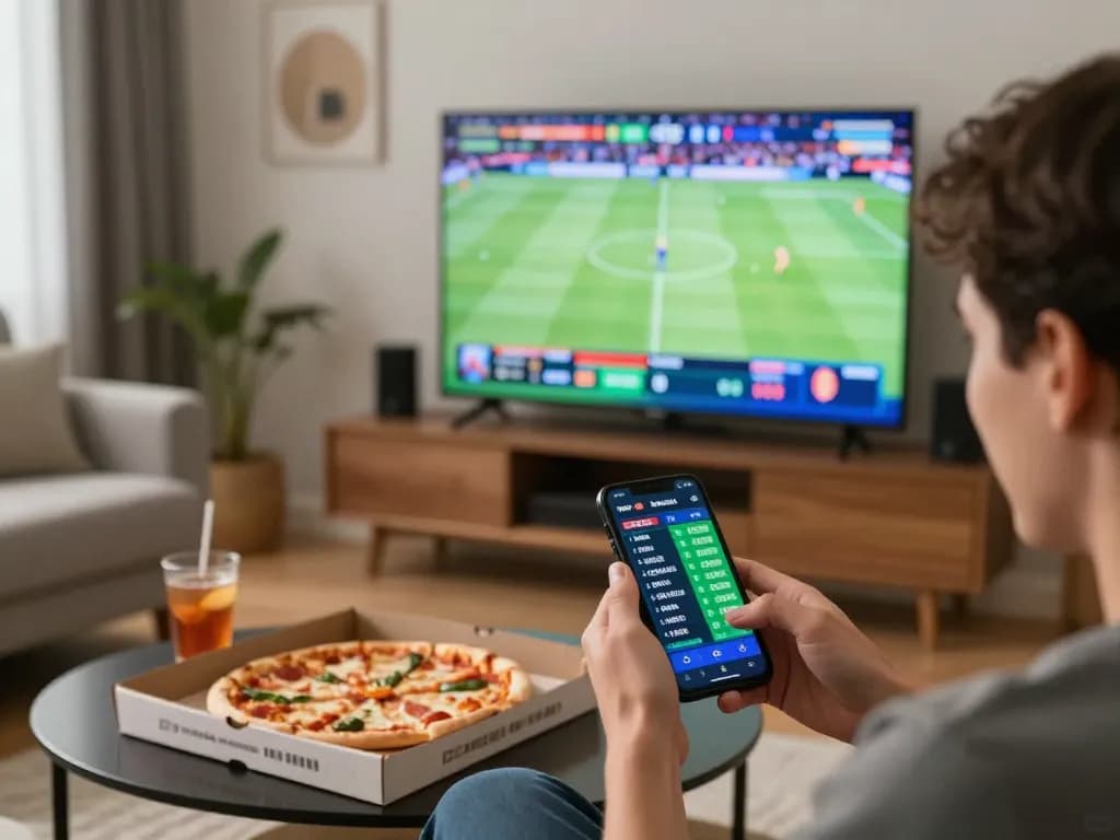 Engaged user placing bets on MK8 from their smartphone while watching live sports, creating an exciting gambling atmosphere.