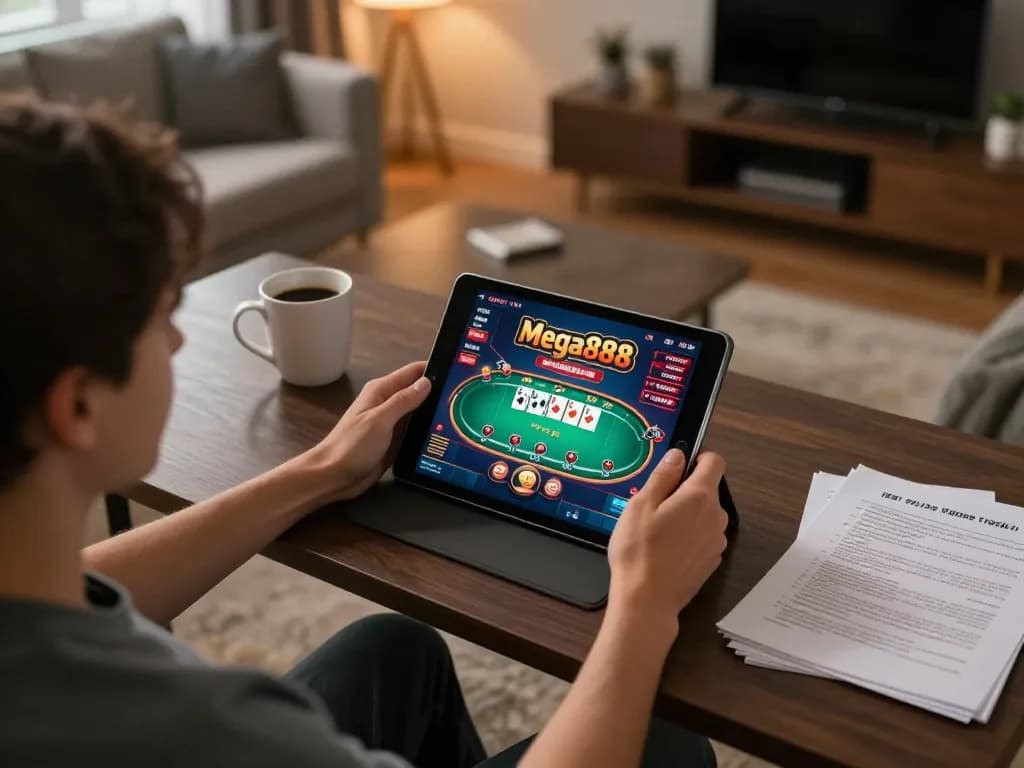 Mega888 online gaming on a tablet in a cozy home setting, showcasing strategic poker gameplay.