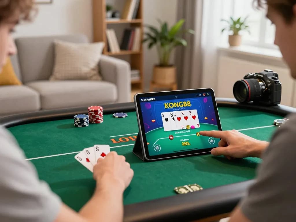KONG88 player strategizing during an online poker game at home, engaging with the casino app.