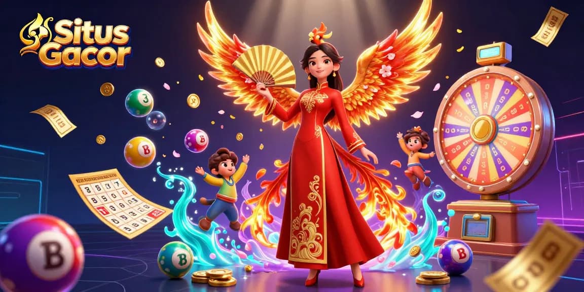 Situs Gacor illustration featuring a graceful woman and a phoenix amidst dynamic lottery elements.
