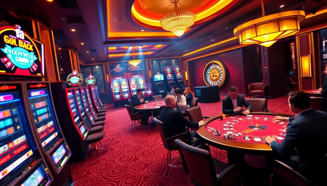 Nohu90's dynamic casino ambiance featuring vibrant slot machines and engaged players at poker tables.