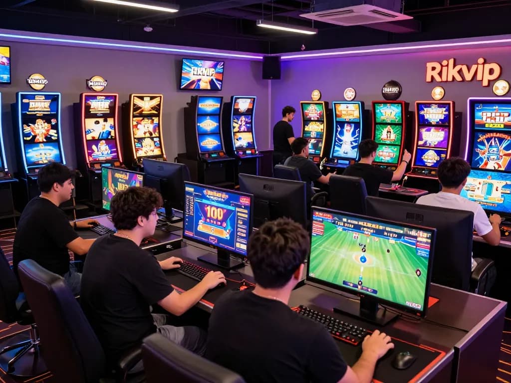 Engaged players enjoying diverse games at Rikvip's modern online gaming platform, vibrant atmosphere.