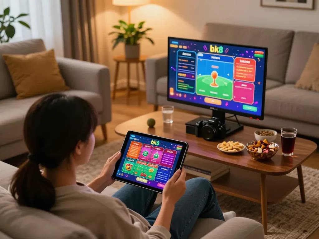 Engaging online gaming experience on bk8 with cozy home setup and tablet interaction.
