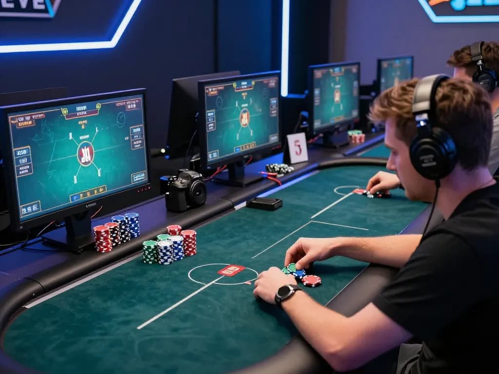 Player mastering gi88 poker strategies at a professional online gaming setup with multiple screens.
