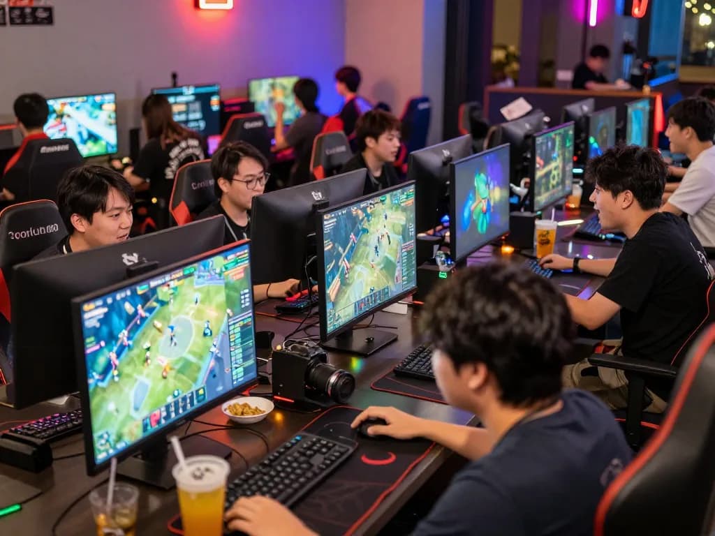 Esports betting Singapore scene with gamers strategizing at high-end PCs during live events