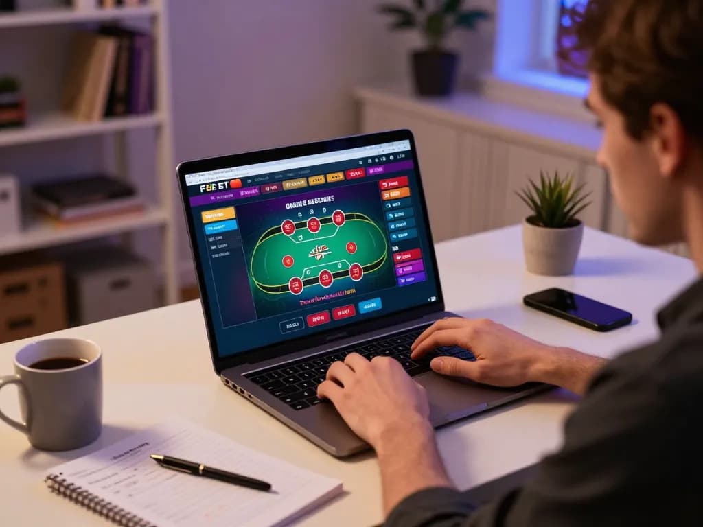 Engaged player using F8BET online casino interface for strategic gameplay in a cozy home office