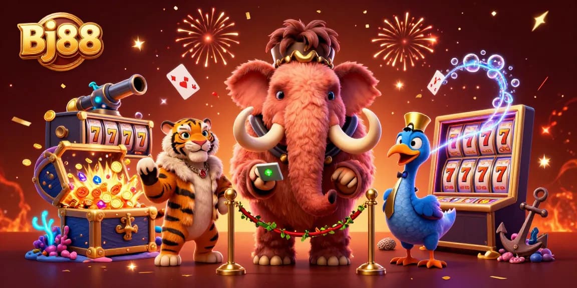 Bj88 showcases vibrant slot gaming excitement with a 3D bouncer, saber-tooth VIP, and doorman elements