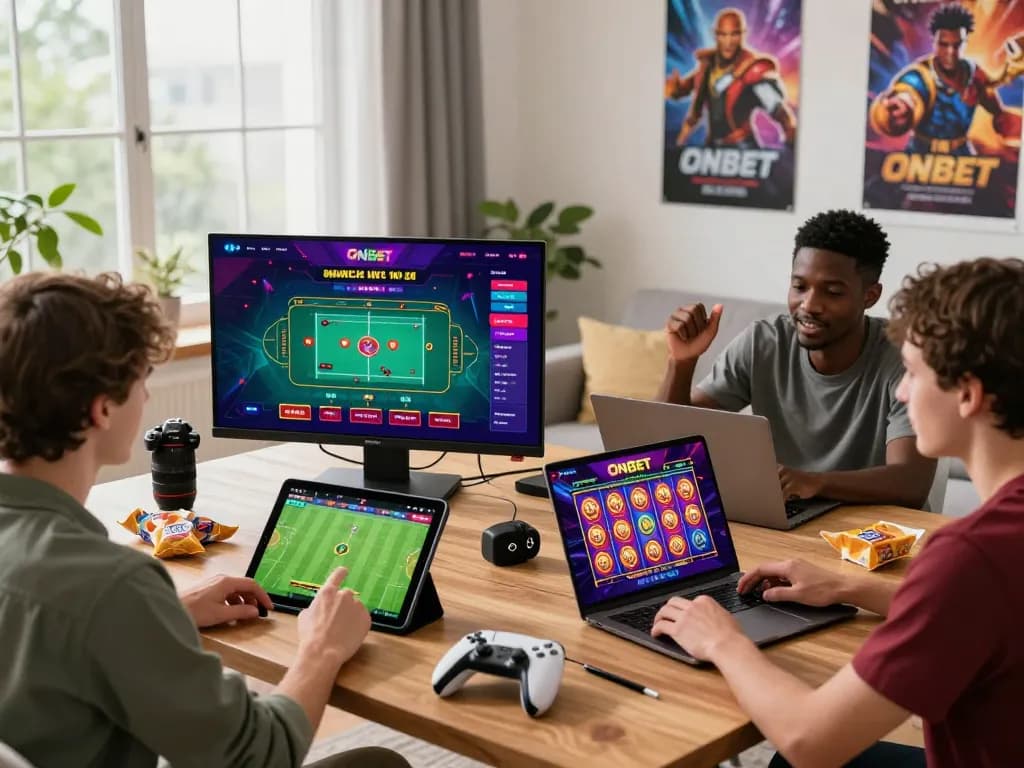 Players enjoying an immersive Onbet online gaming experience in a cozy living room.