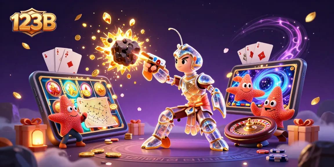 Experience the thrill of 123 B playing slots with vibrant golden gems and animated game elements in a cosmic scene.