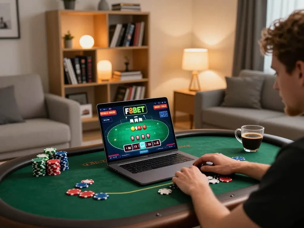 F8BET online gambling setup with person engaged in poker game, vibrant chips, and cozy atmosphere