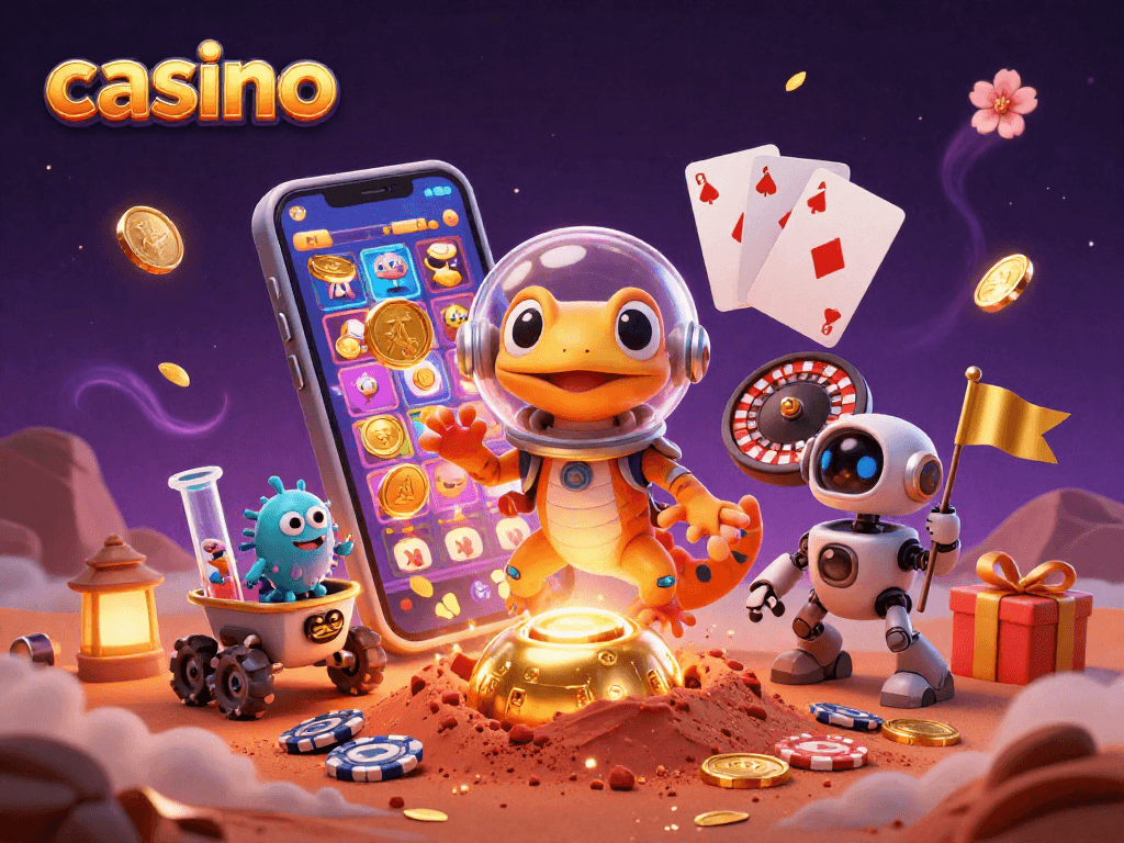 Explore a vibrant casino scene with a Martian gecko and robot in a vivid gambling adventure.