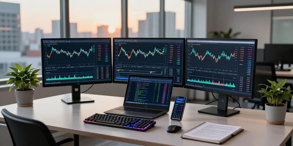 Cricbet cryptocurrency trading setup featuring monitors displaying live market analysis and digital wallet integration.