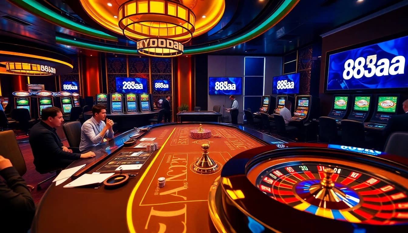 Casino scene showcasing 88aa with poker chips, roulette, and players in action.