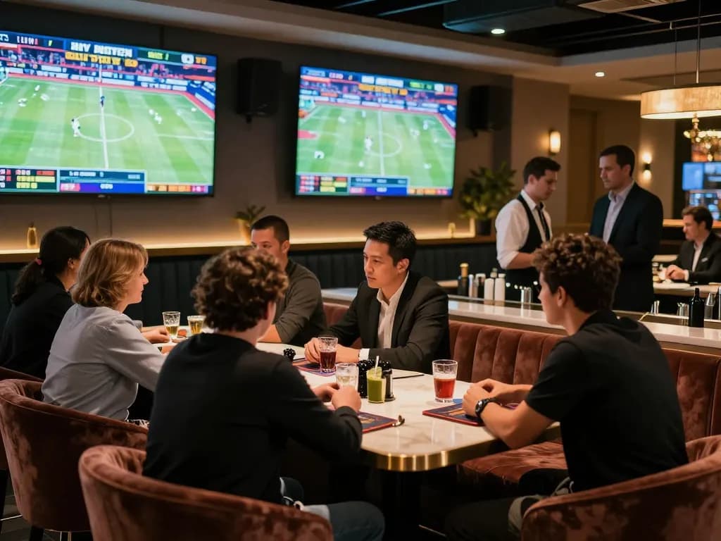 Engaged bettors discussing strategies at a go99 sports betting lounge with vibrant atmosphere.