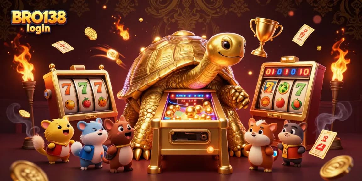 Engaging BRO138 login scene with a golden tortoise pinball machine, surrounded by slot elements.