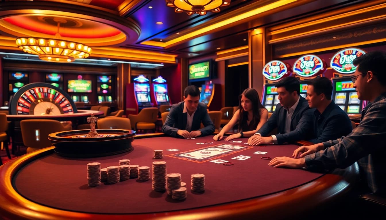 Players engaging in a strategic poker game at Xin88's luxurious casino, showcasing excitement.