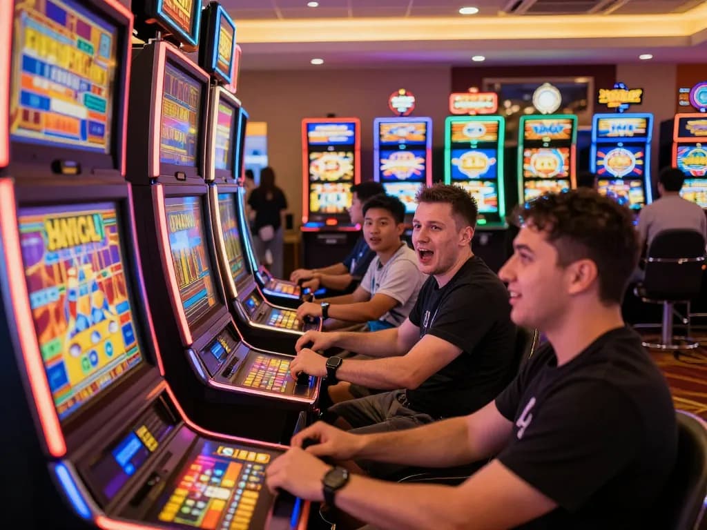 Players at 32win slot machines celebrating wins with vibrant displays and neon lights.