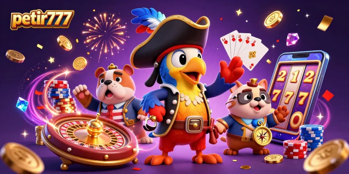 Experience thrilling adventures with petir777 in this vibrant 3D casino scene filled with dynamic gaming elements.