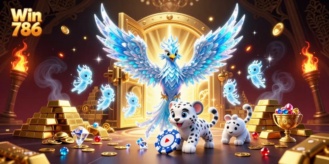 Engage with Win 786 through this vibrant scene showcasing an ice phoenix and gold treasures in a 3D casino world.