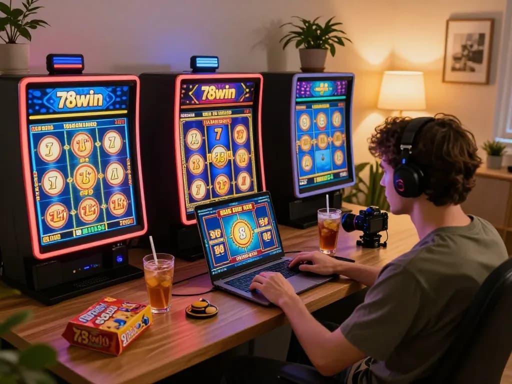 Player enjoying an online slot game with 78win, immersed in a vibrant home setting